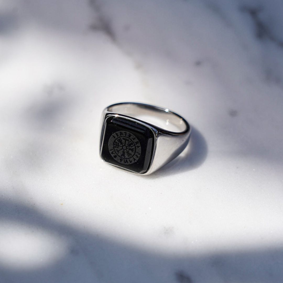 Black Onyx Vegvisir Signature - Silver-toned ring
