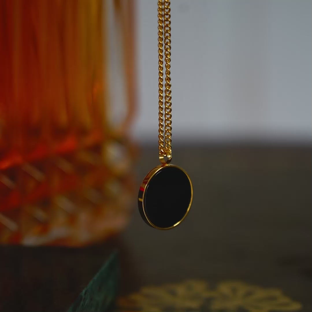 Textile necklace, Gold necklace, Knitted pendant, Crochet necklace, Onyx chain, Black 2024 Onyx jewelry, Wool pendant, Gold Onyx, Round pendant